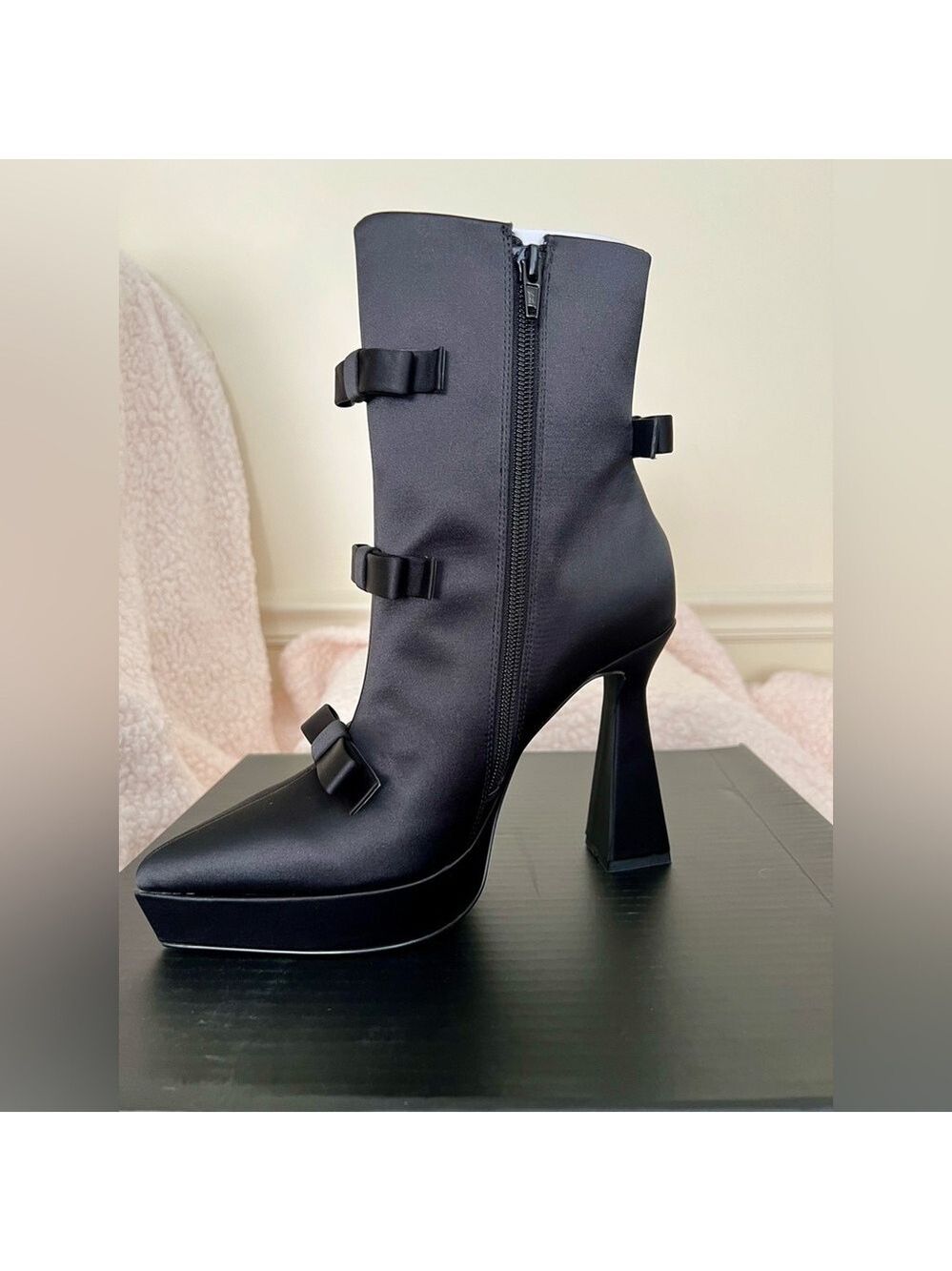 NIB Dolls Kill Widow Mourning Belle Heeled Booties Black Pointed Tow Bow Satin - Picture 5 of 13